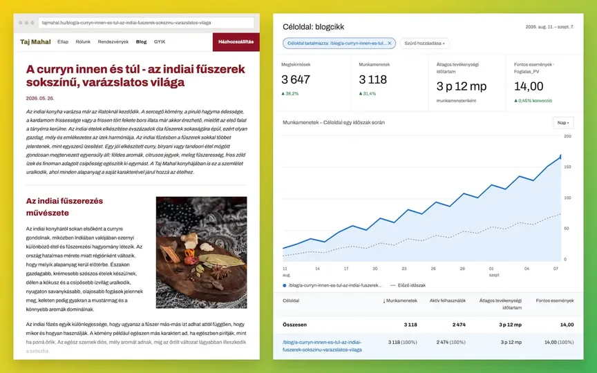 Egy általunk írt blogcikk élesben, mellette a cikk forgalmi elemzése