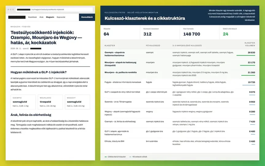 Egy általunk írt oldal élesben, mellette a kulcsszó-klaszterek vázlatdokumentuma