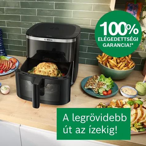 Bosch Home hirdetés: Air Fryer élethelyzetben, garancia-jelvénnyel