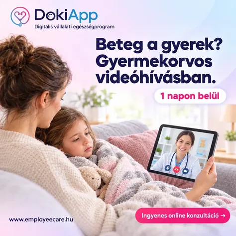 DokiApp hirdetés: beteg gyerek, gyermekorvos videóhívásban