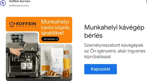 Koffein Service display-hirdetés: munkahelyi kávégép bérlés