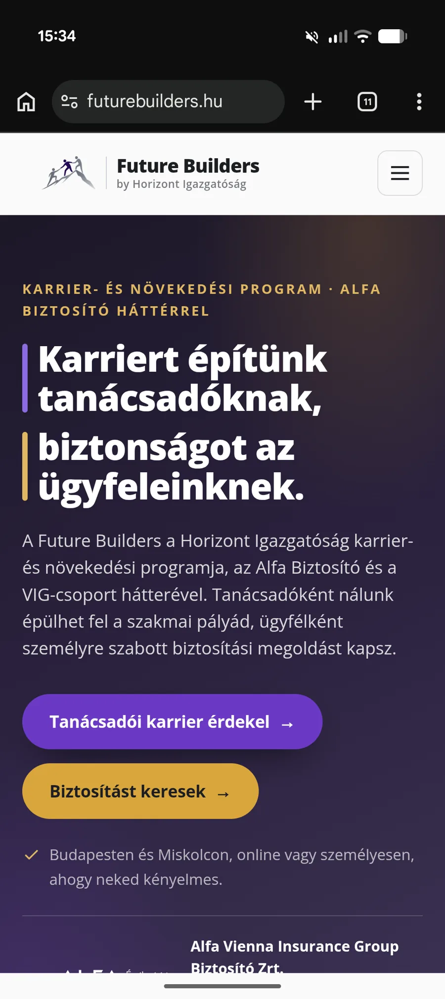 A Futurebuilders.hu nyitóoldala mobil nézetben