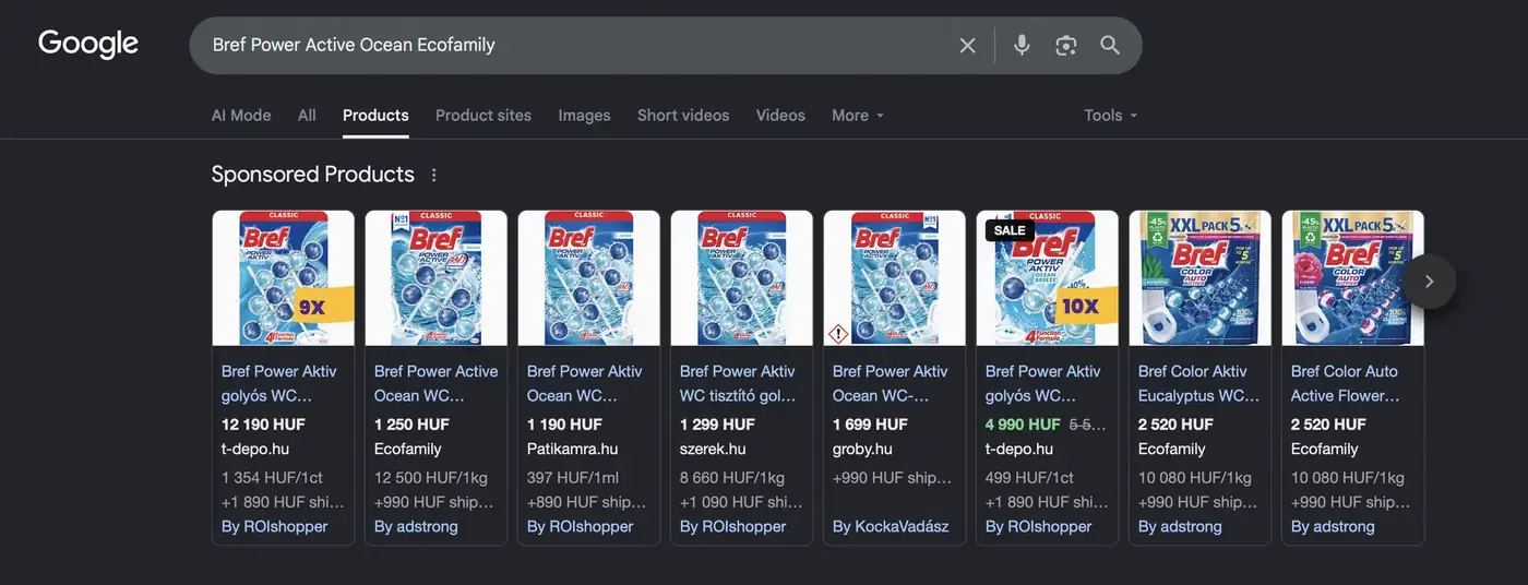 Google Shopping találati oldal az ügyfelünk termékével a szponzorált találatok között