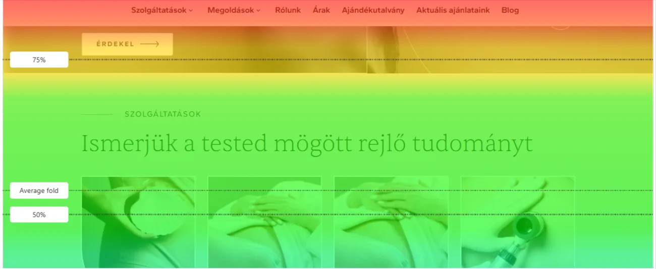 Microsoft Clarity hőtérkép egy általunk optimalizált oldalról: hol kattintanak és hol lépnek ki a látogatók