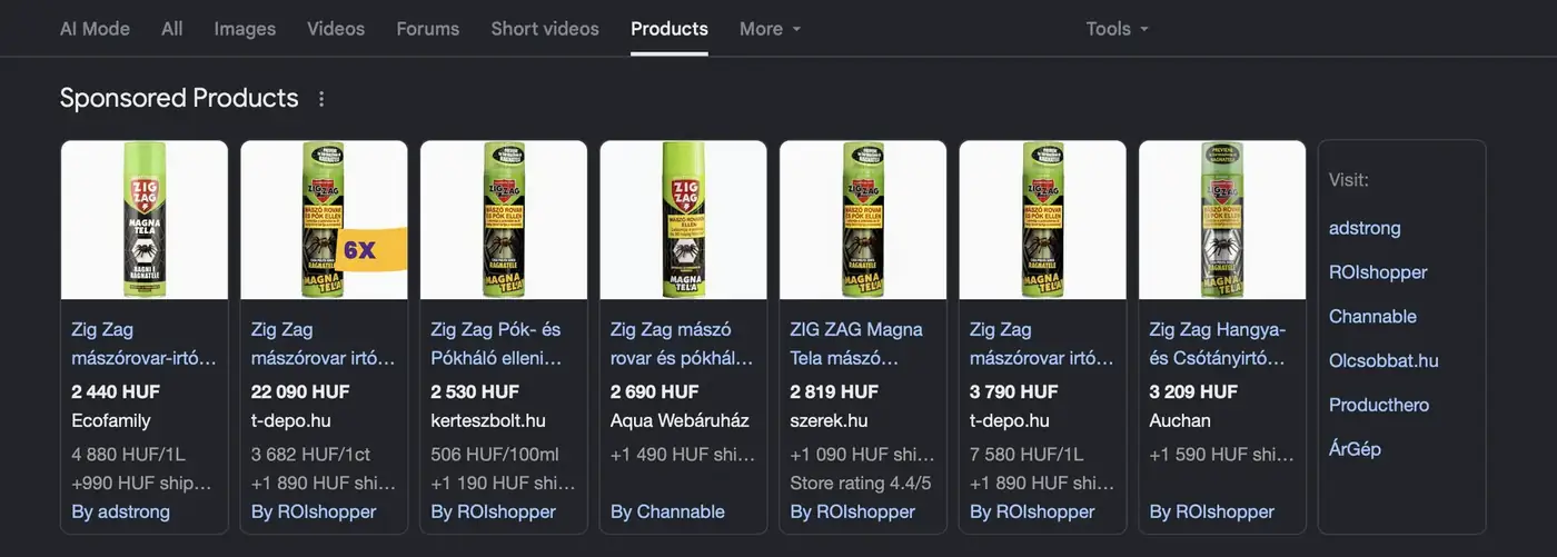 Google Shopping találati oldal az árösszehasonlító szolgáltatók listájával