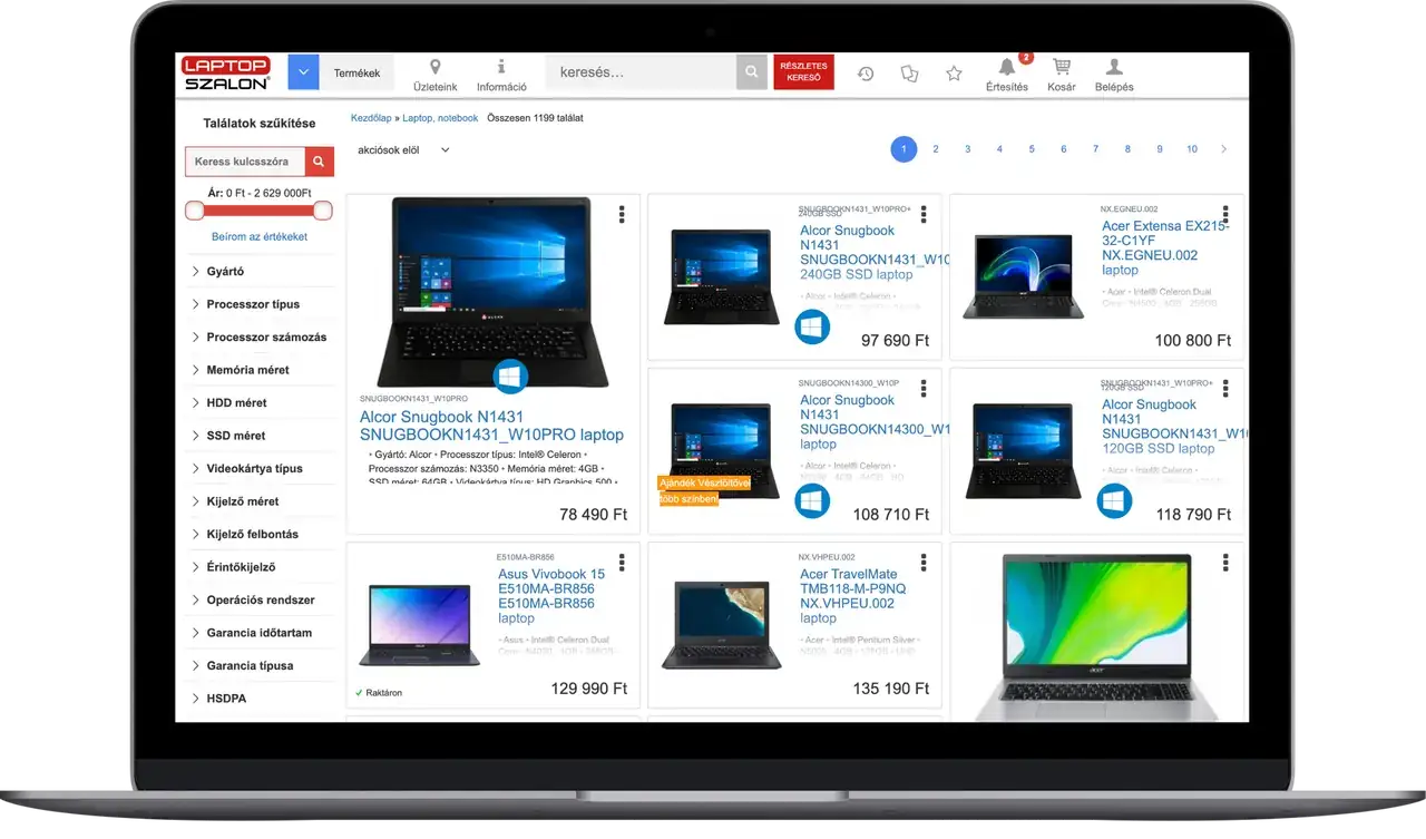 Termék- és kategóriaoldalak a konverzióoptimalizálás után, Laptopszalon