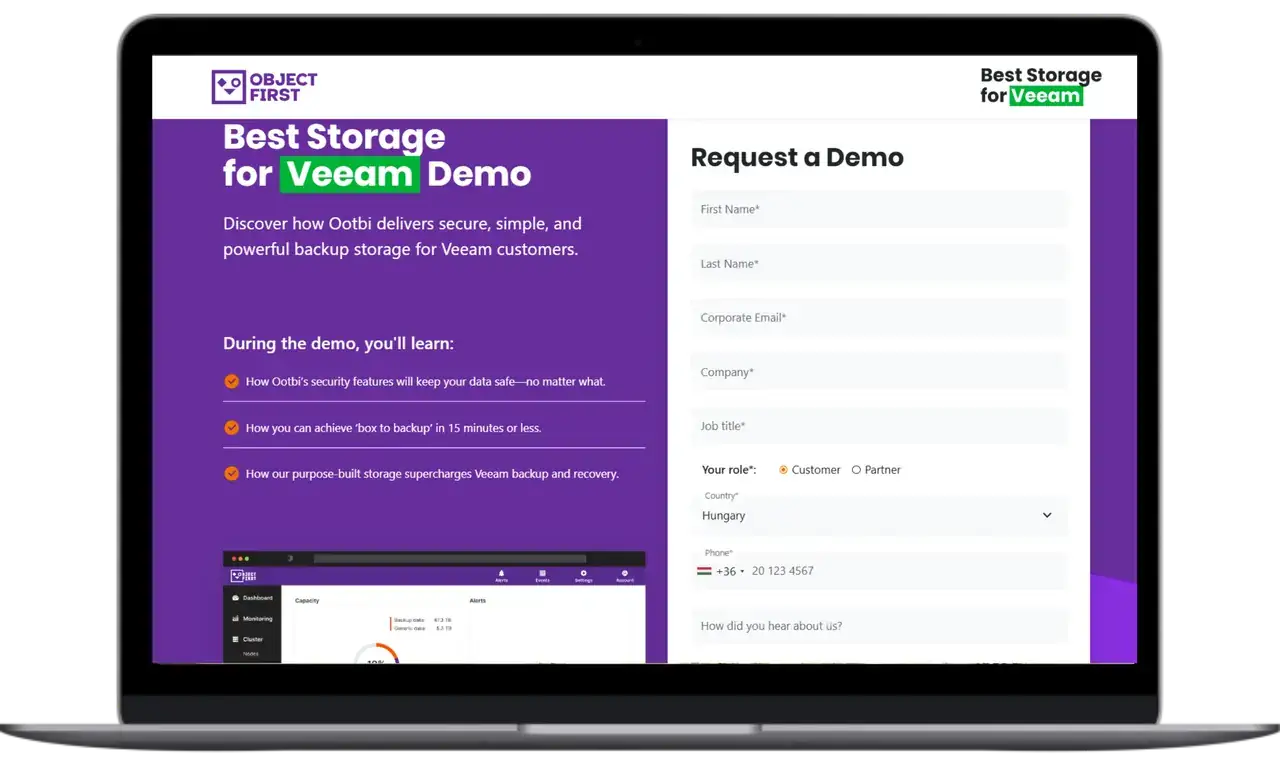Lead-generating demo page and form, Object First